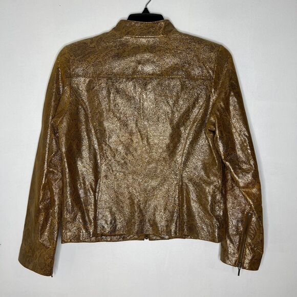 VS Vakko Gold Metallic Leather Jacket Women's Size 12 Shimmer Moto Style Snake - Picture 6 of 8